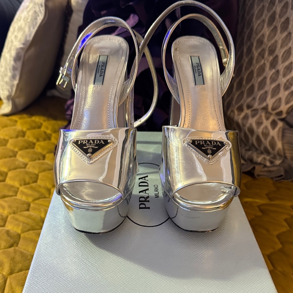 Prada Shiny Silver Platform Sandals